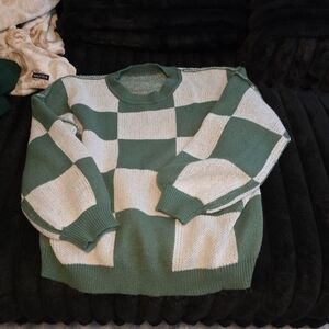 Green and White Checkered Men's Sweater